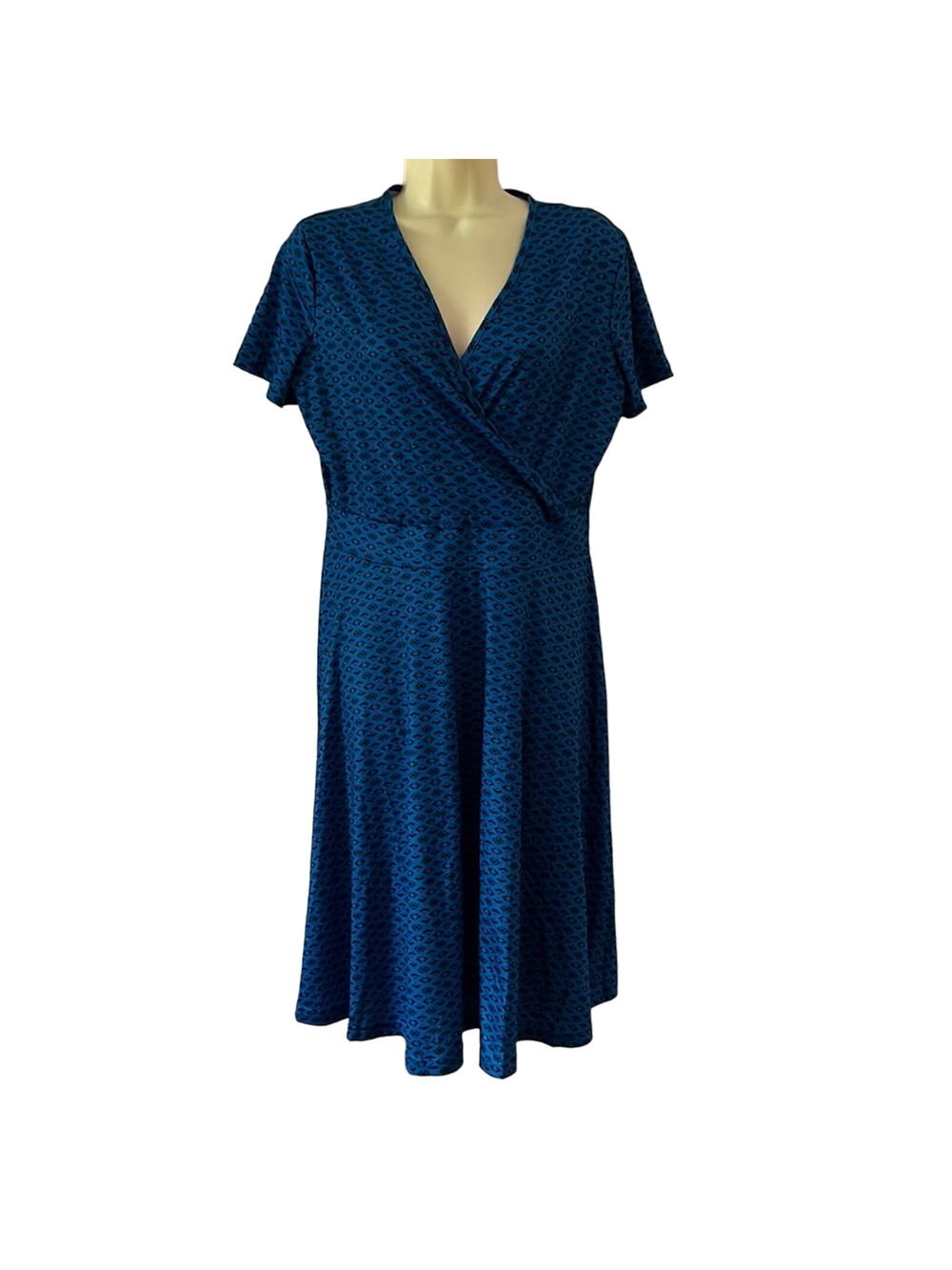 MSBasic Blue & Black Print Knit Dress Womans Size Large Surplice Lightweight